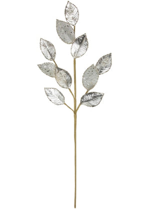 Decorative leaf branch with metallic leaves on a white background