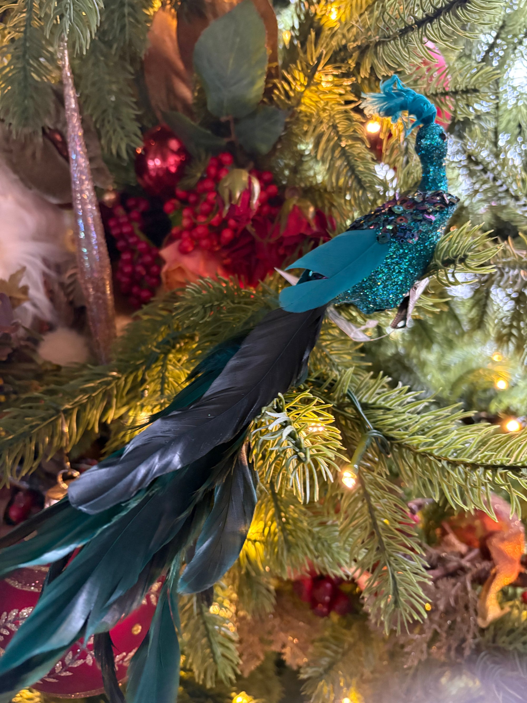 Jewel Teal Feather Peacock Clip Ornament