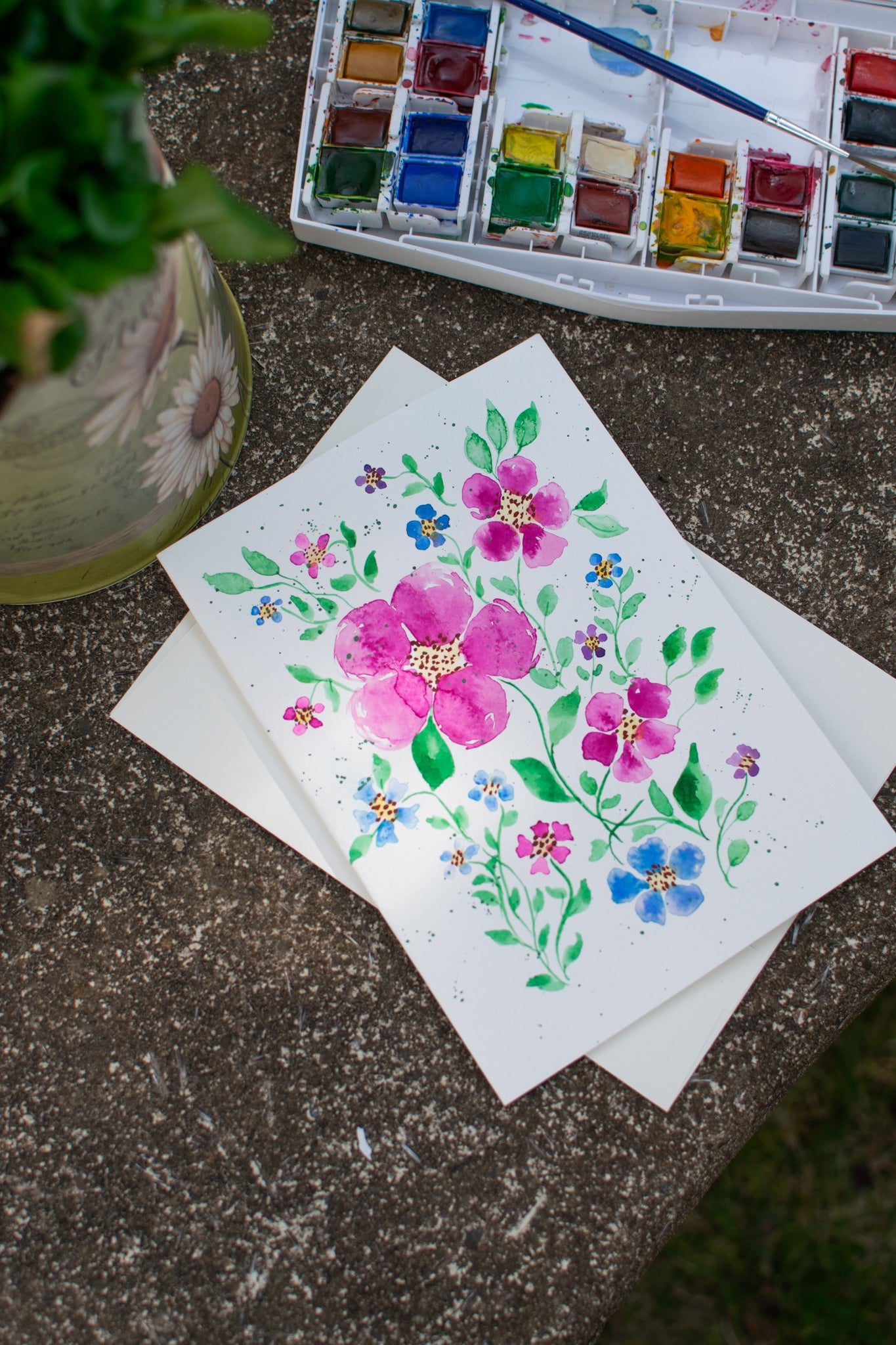 Hand-Painted Watercolour Card - Fuchsia Blooms