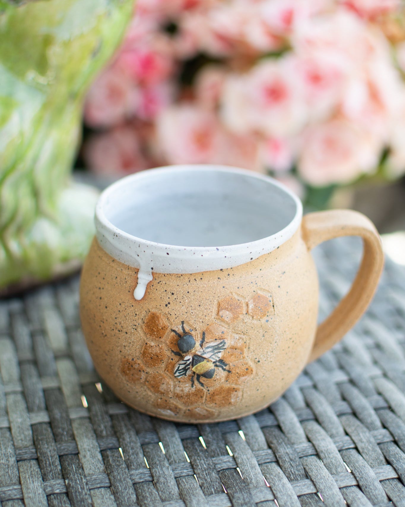 Honeycomb Sentinel – Raw Clay Bee Mug - Handcrafted Pottery