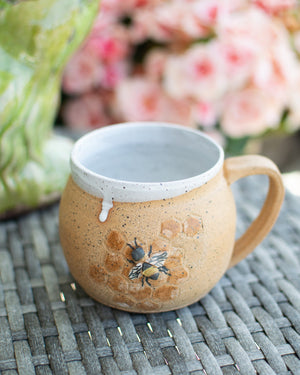 Honeycomb Sentinel – Raw Clay Bee Mug - Handcrafted Pottery