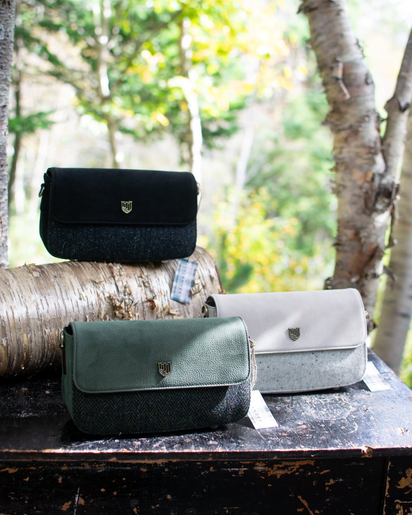 Black handbag with a gold emblem on a tree branch