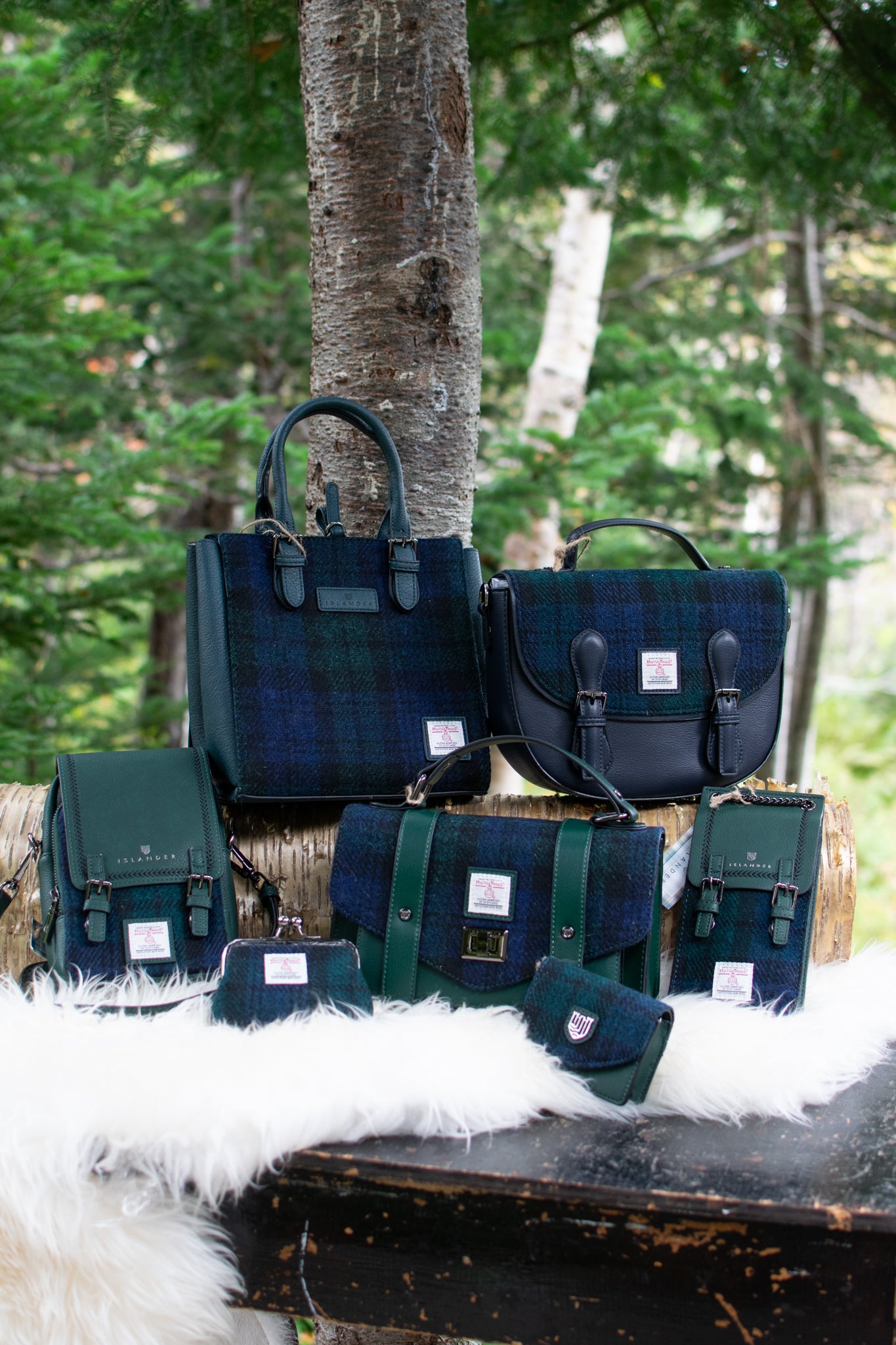 Green crossbody purse with straps on a white surface with blurred natural background