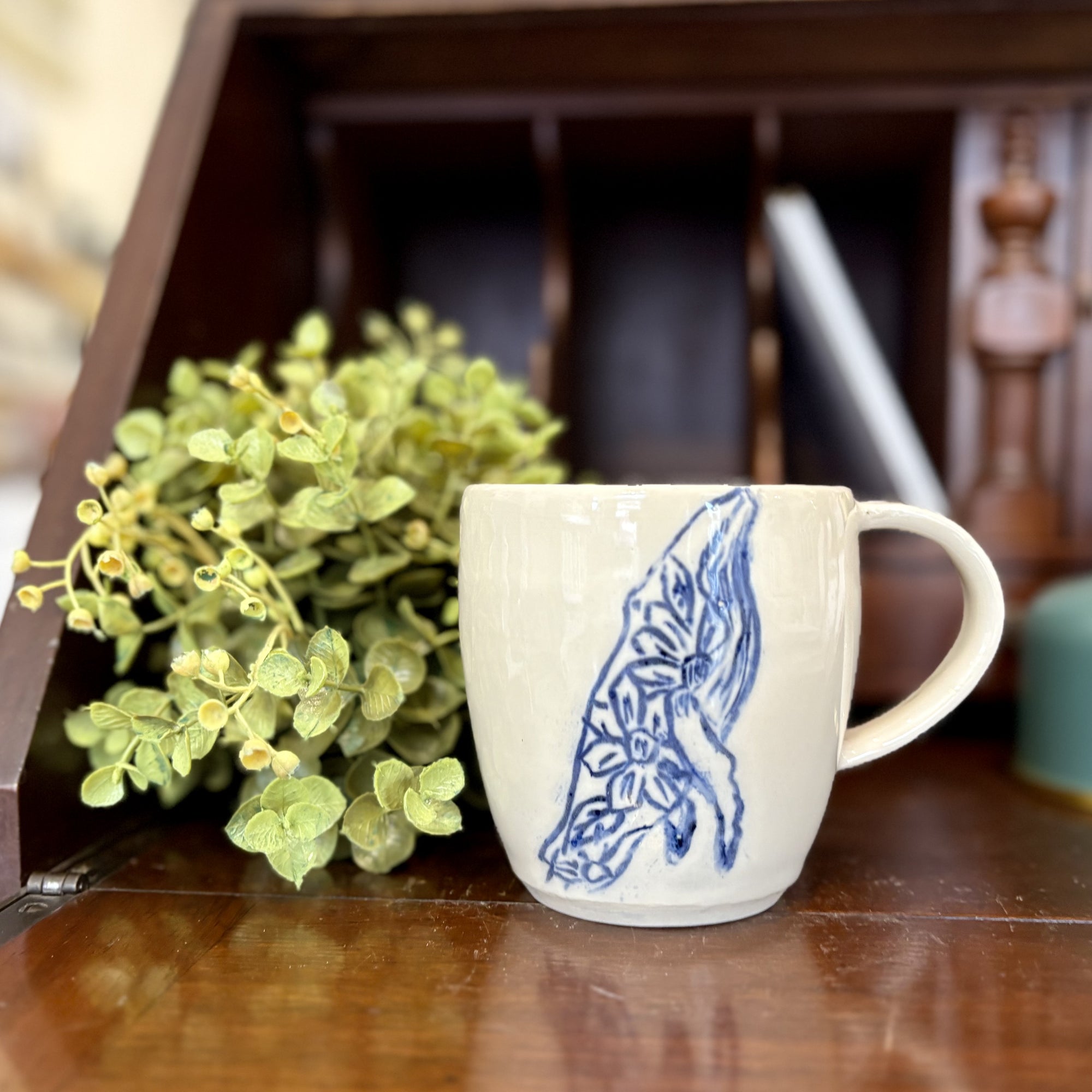 Floral Sketch Whale Mug - Handmade Pottery