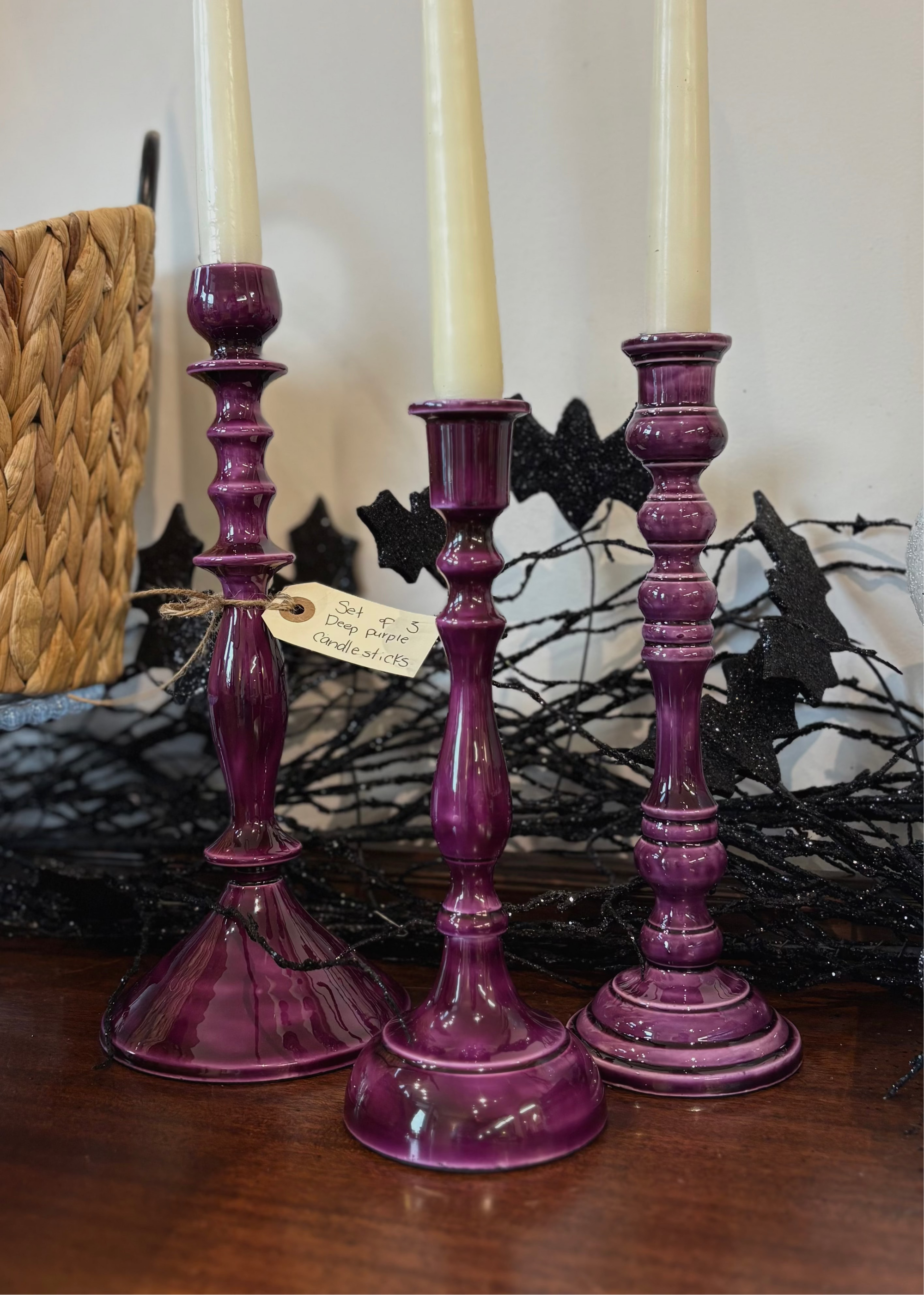 Set of 3 Deep Purple Candlesticks