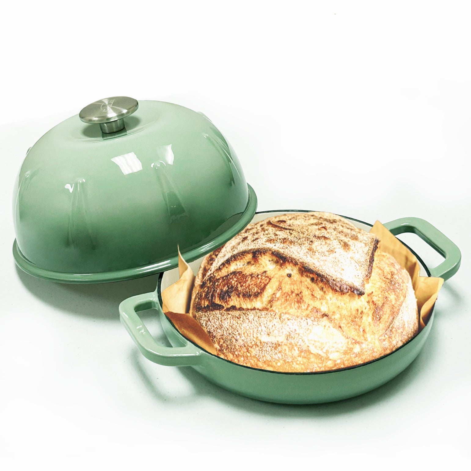 Cast Iron Bread Cloche - Green Enamel