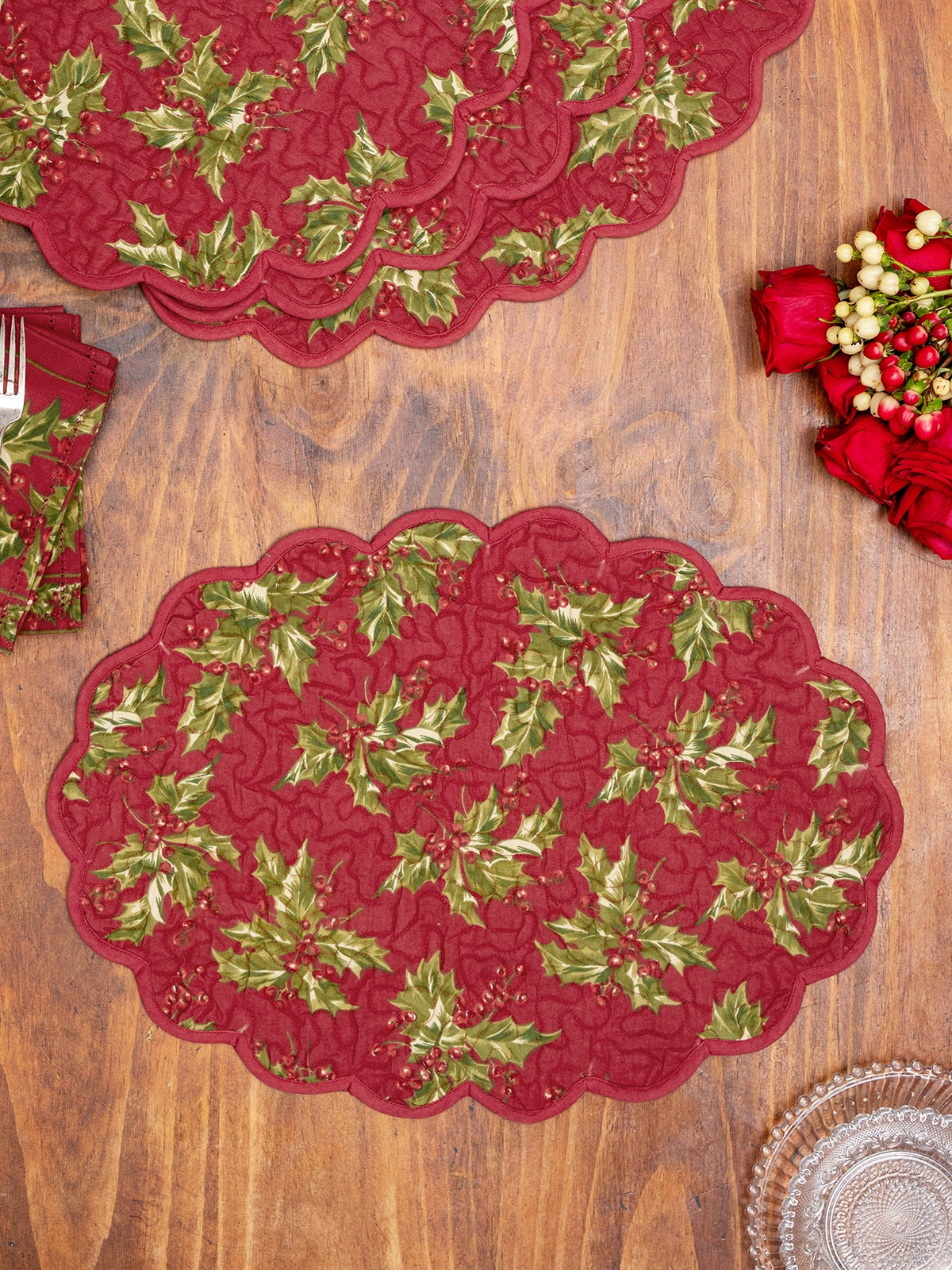 April Cornell Winterberry Quilted Placemats - Red
