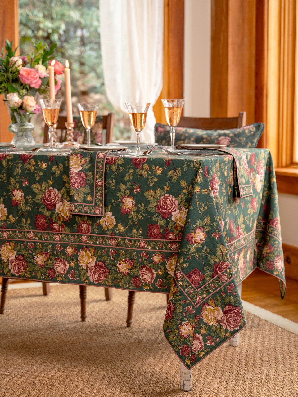 April Cornell Winter Rose Table Cloth - Forest Green