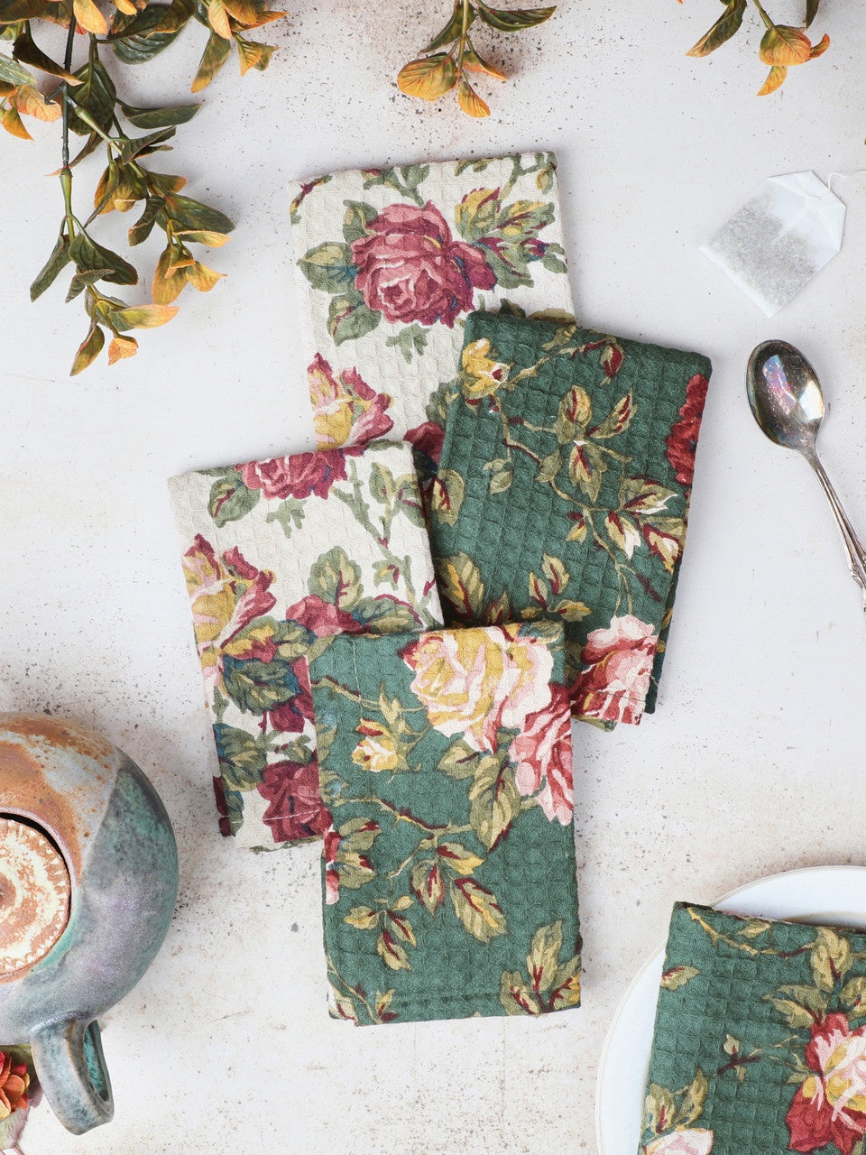 April Cornell Winter Rose Patchwork Tiny Towel/Dish Cloth Bundle