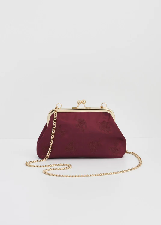 Victoriana Embroidered Burgundy Satin Clutch Bag