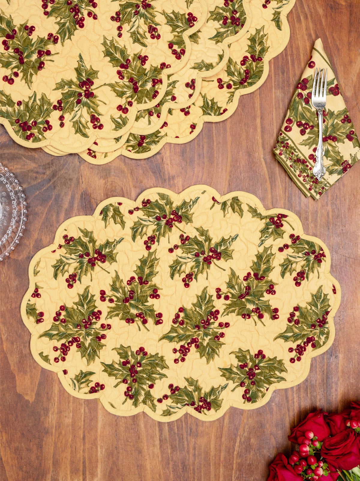 April Cornell Winterberry Quilted Placemats -  Dark Ecru