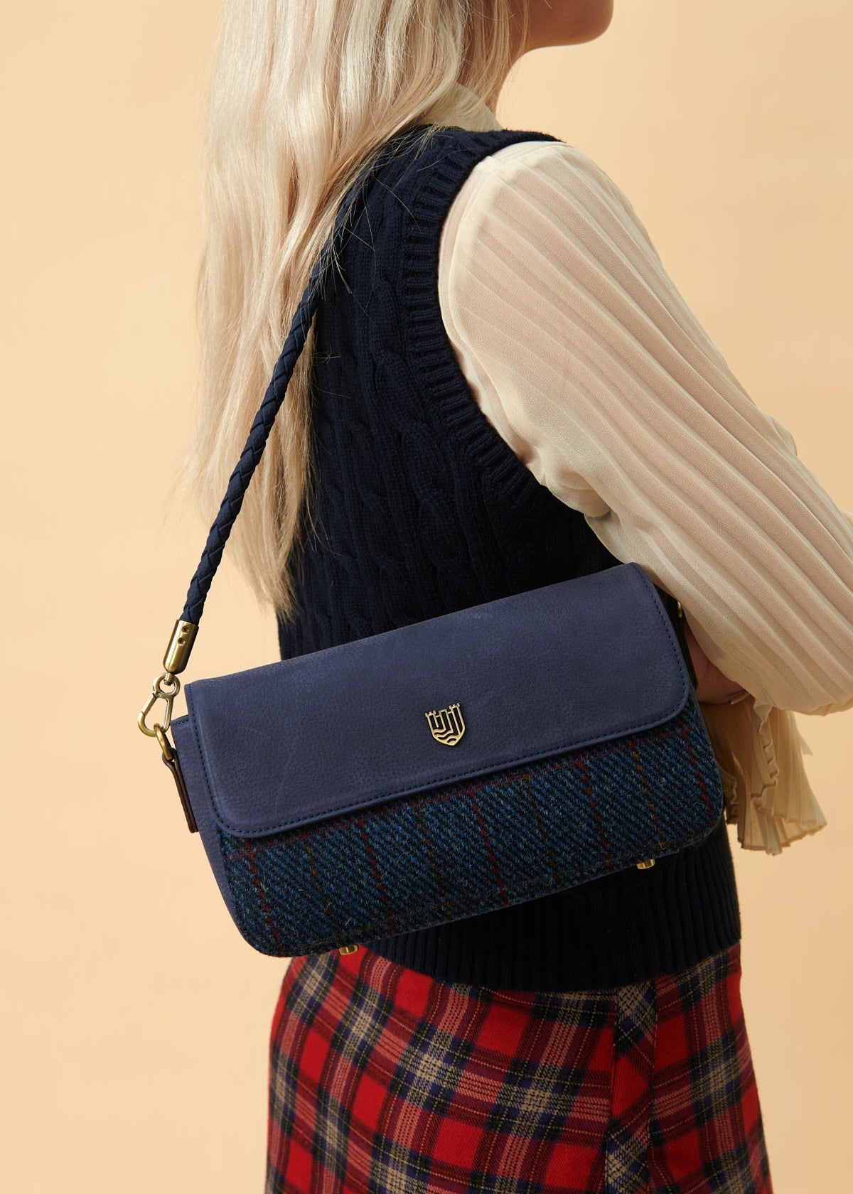 The Caithness Clutch - Navy Over-Check - Genuine Leather
