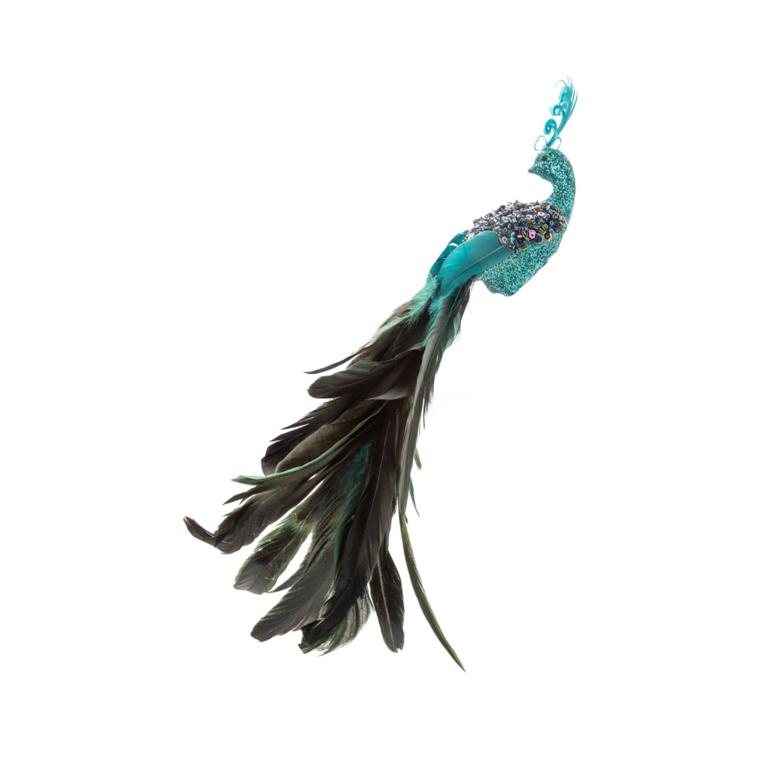 Jewel Teal Feather Peacock Clip Ornament
