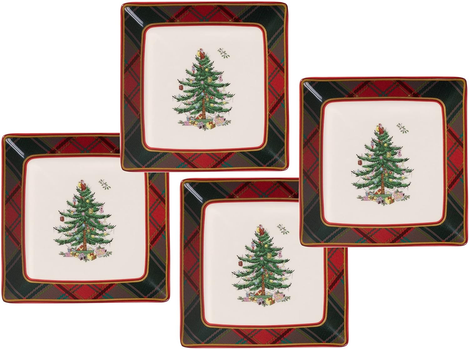 Spode Holiday Tartan & Tree Tidbit Plates - Set of 4