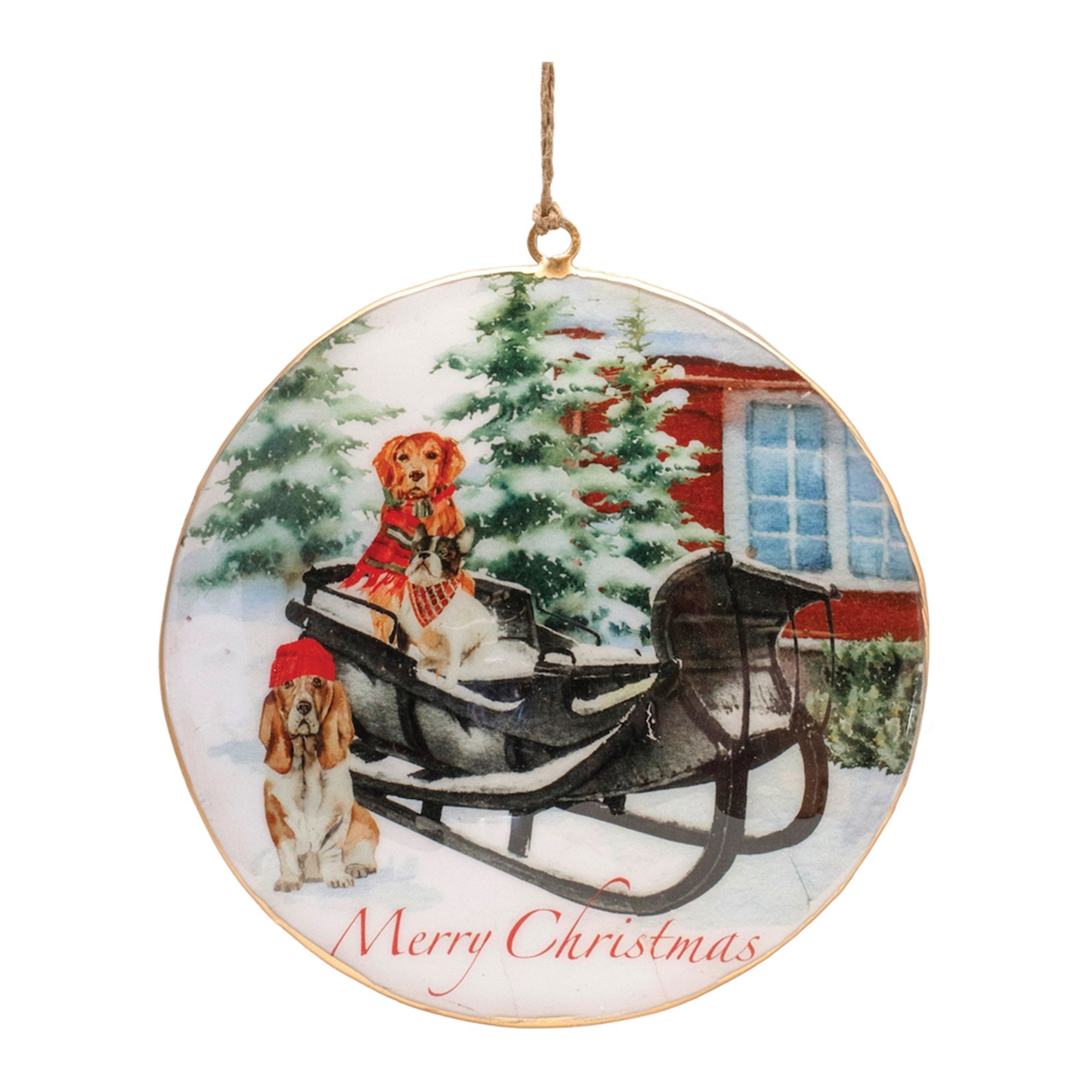 Dog and Sleigh Disc Ornament